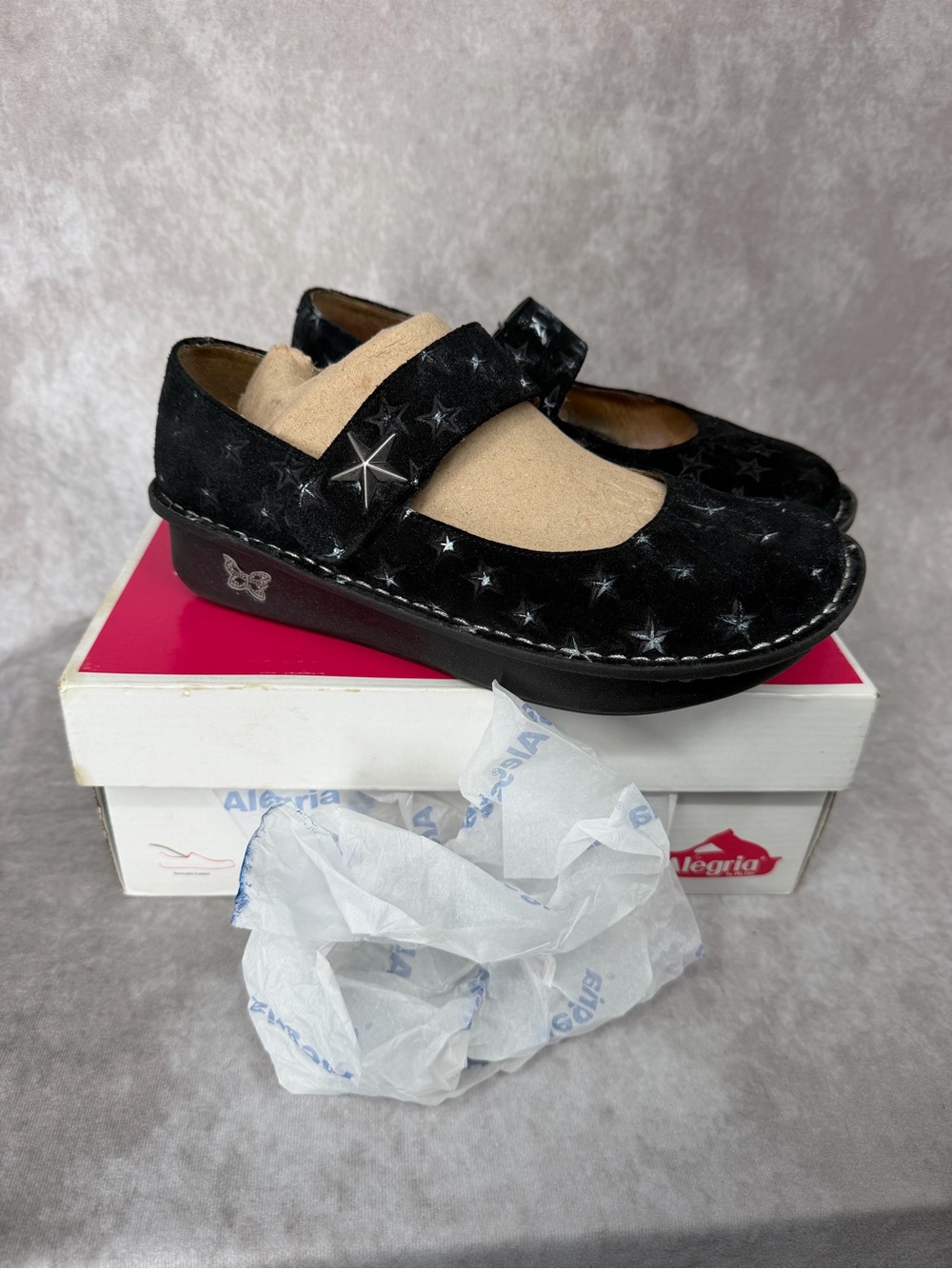 Alegria Black Star-Print Mary Jane Clog